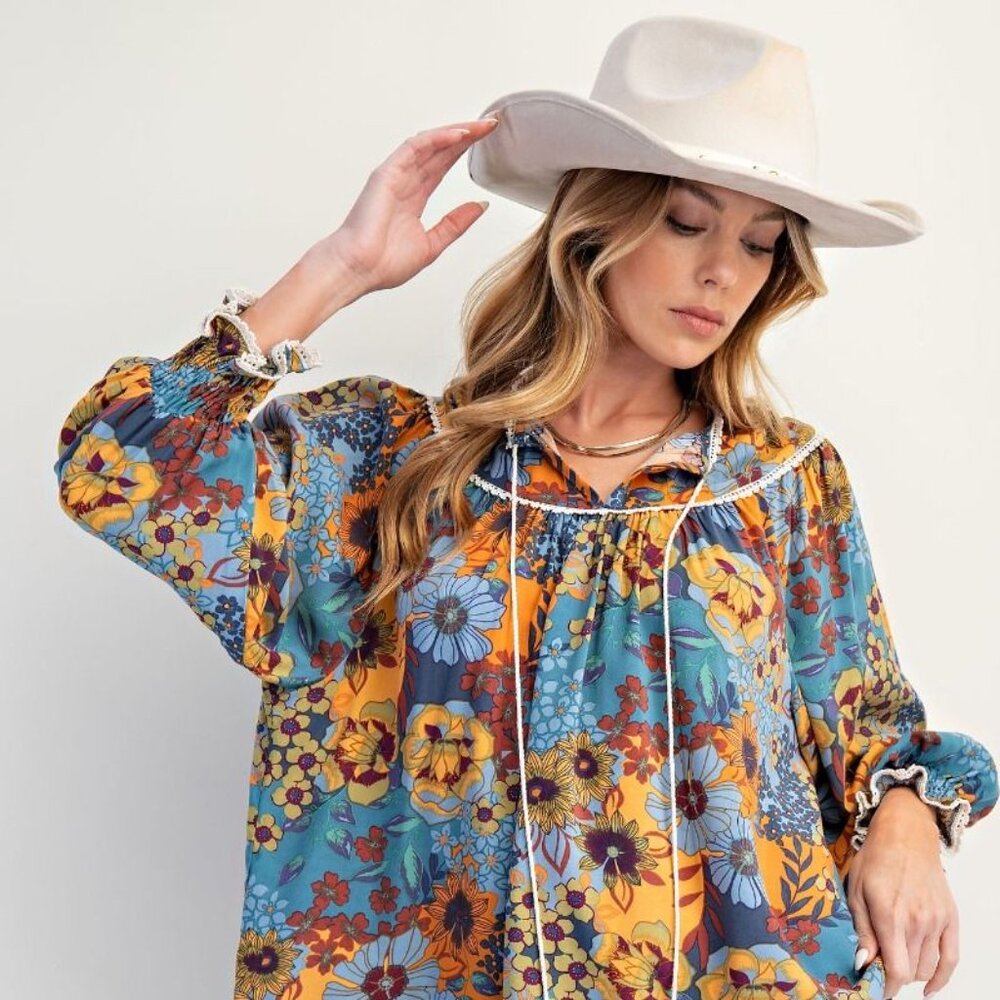 EASEL Floral Printed Challis Top (New) - Dusty Blue
